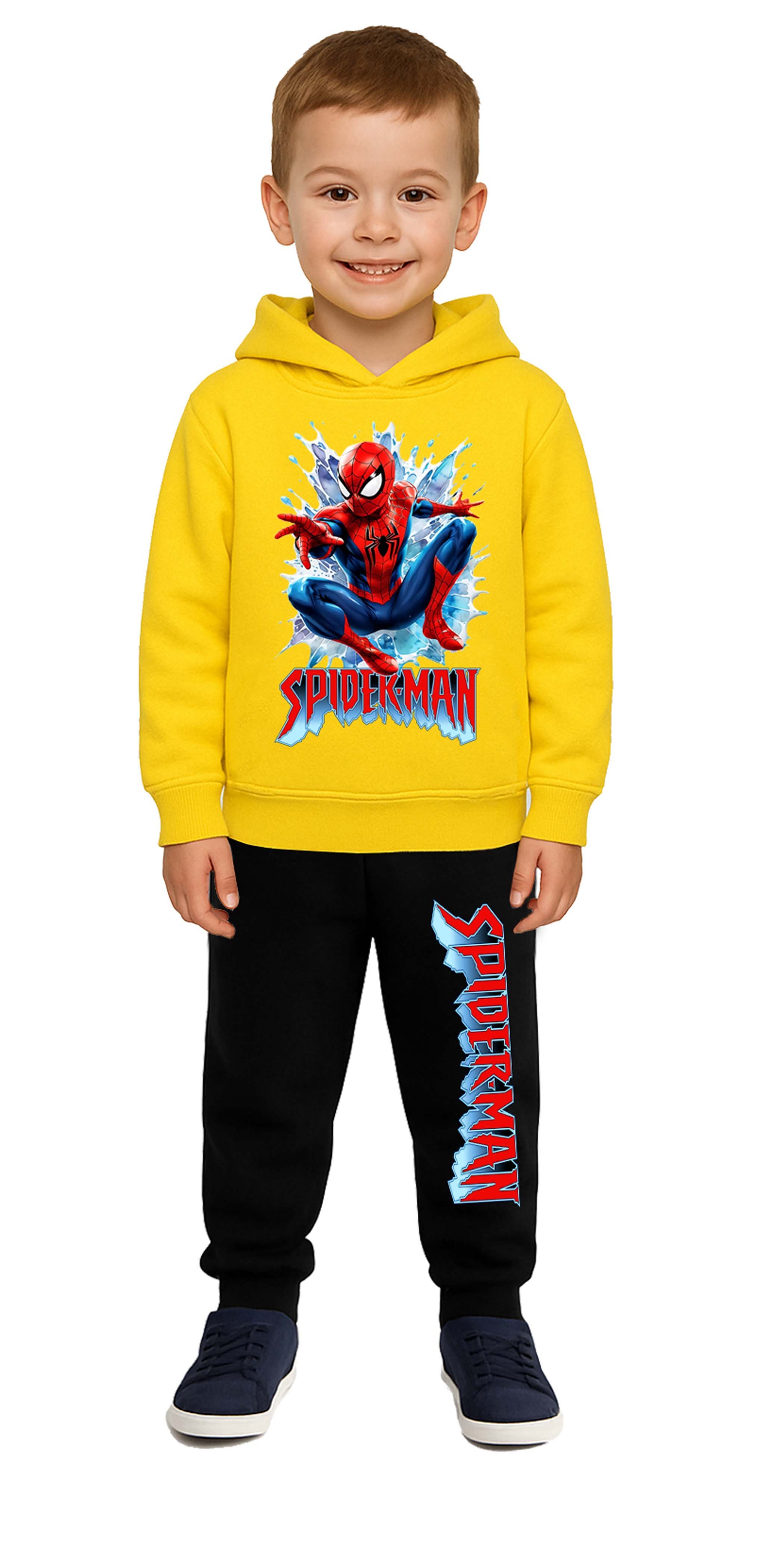 Spiderman Baskılı Çocuk Eşofman Takımı 3 İplik Şardonlu Pamuklu Kumaş Kapüşonlu