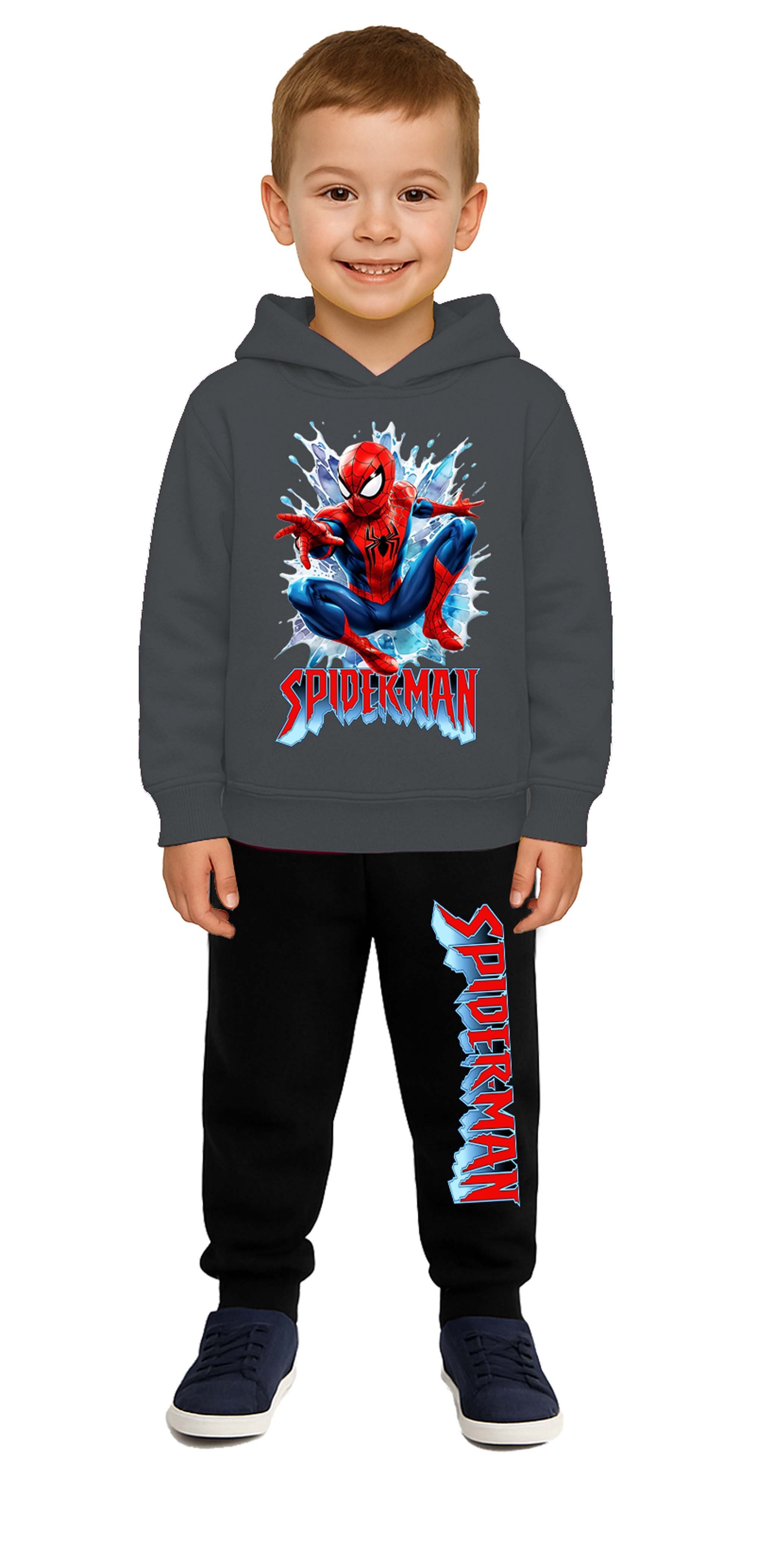 Spiderman Baskılı Çocuk Eşofman Takımı 3 İplik Şardonlu Pamuklu Kumaş Kapüşonlu