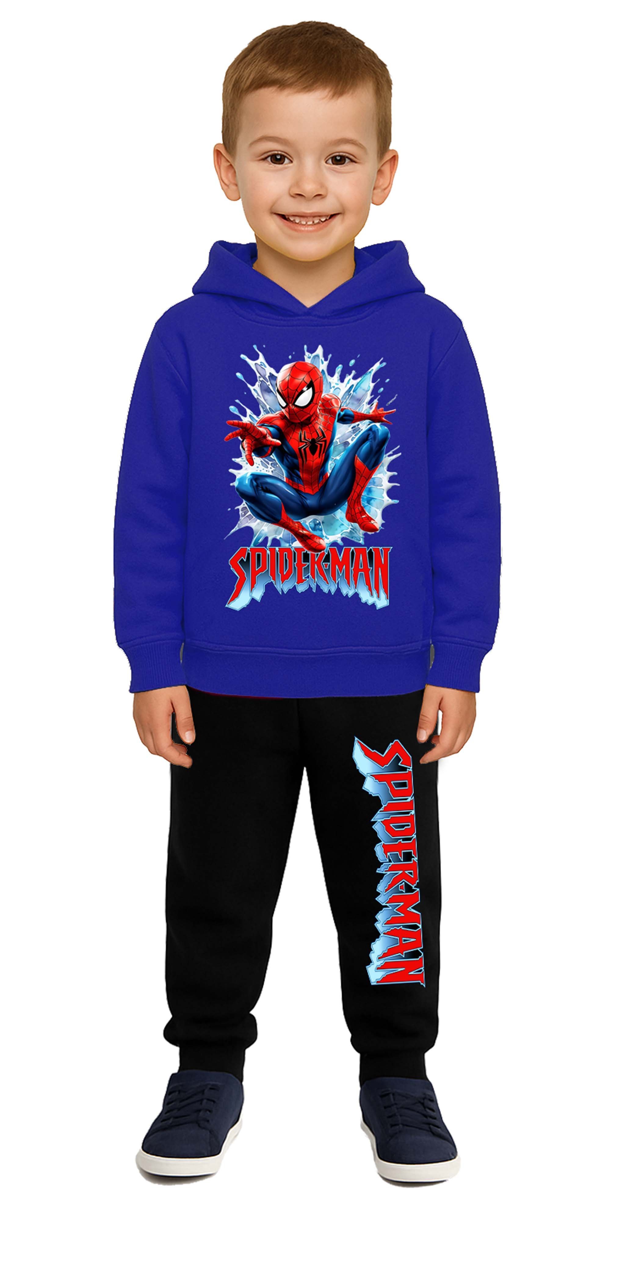 Spiderman Baskılı Çocuk Eşofman Takımı 3 İplik Şardonlu Pamuklu Kumaş Kapüşonlu