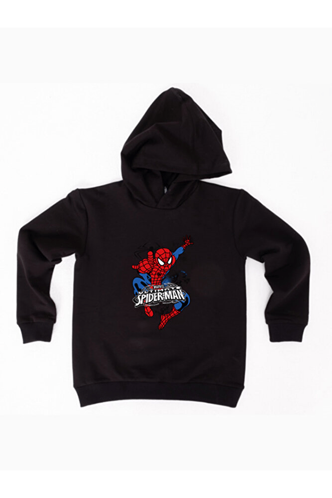 Spiderman baskılı örümcek adam kapüşonlu pamuklu kumaş çocuk sweatshirt
