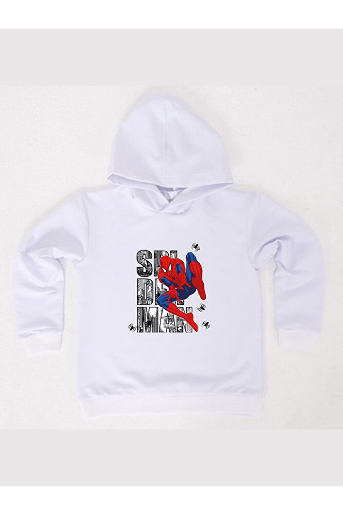 Spiderman baskılı örümcek adam kapüşonlu pamuklu kumaş çocuk sweatshirt