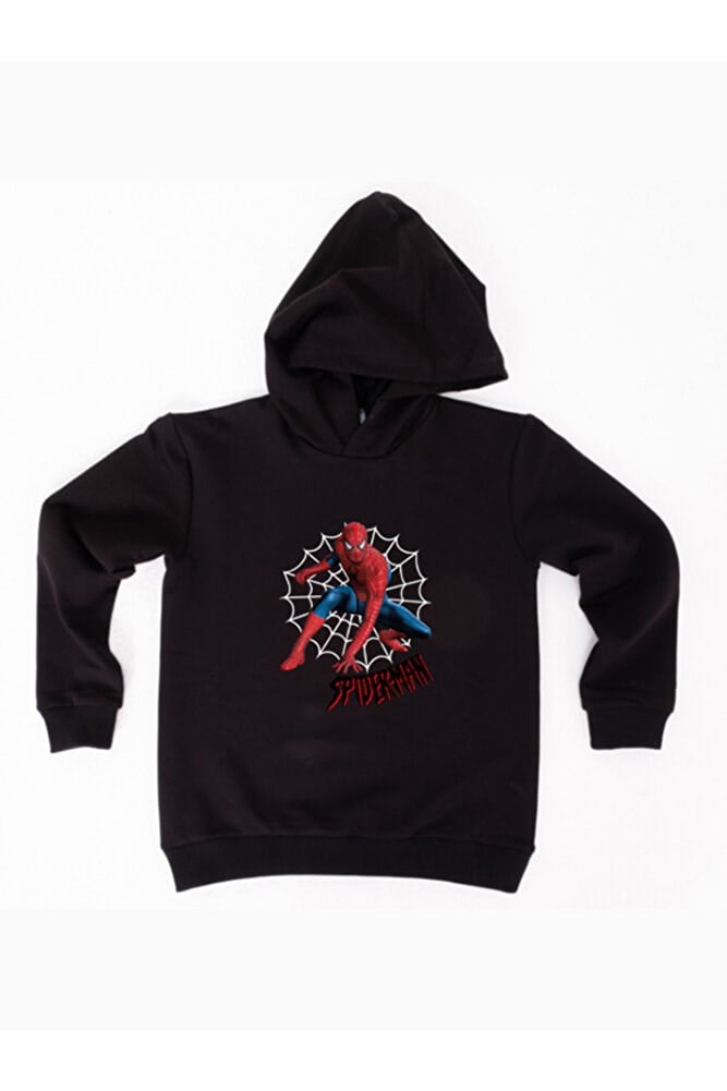 Spiderman baskılı örümcek adam kapüşonlu pamuklu kumaş çocuk sweatshirt