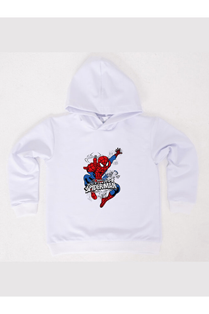 Spiderman baskılı örümcek adam kapüşonlu pamuklu kumaş çocuk sweatshirt