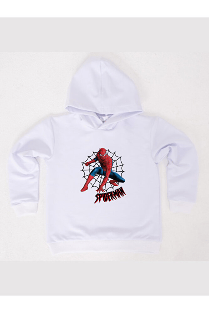 Spiderman baskılı örümcek adam kapüşonlu pamuklu kumaş çocuk sweatshirt