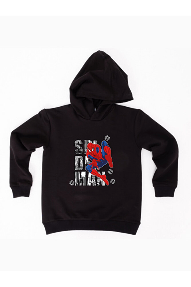 Spiderman baskılı örümcek adam kapüşonlu pamuklu kumaş çocuk sweatshirt