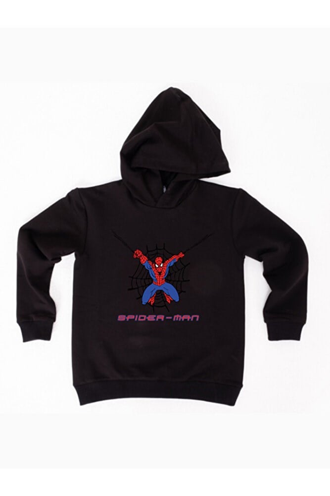 Spiderman baskılı örümcek adam kapüşonlu pamuklu kumaş çocuk sweatshirt