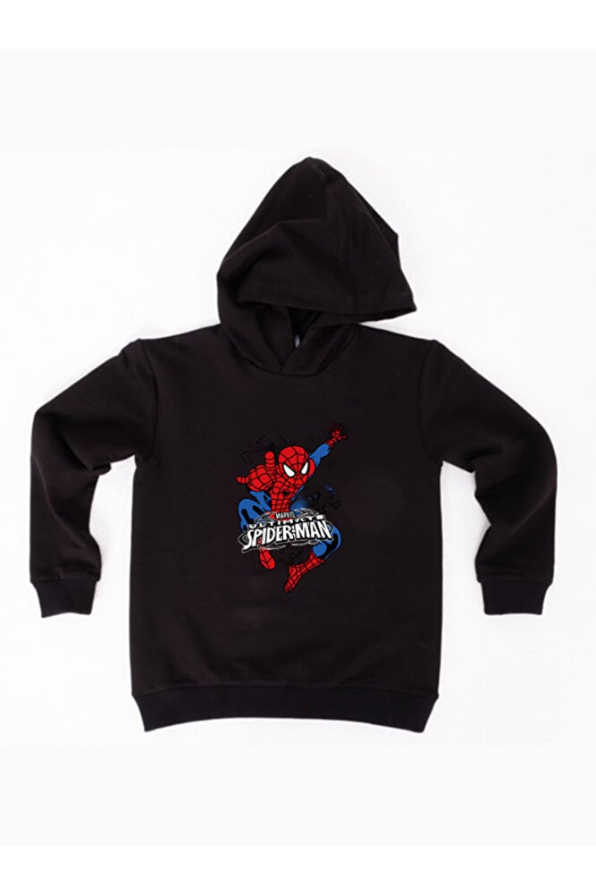 Spiderman baskılı örümcek adam kapüşonlu pamuklu kumaş çocuk sweatshirt