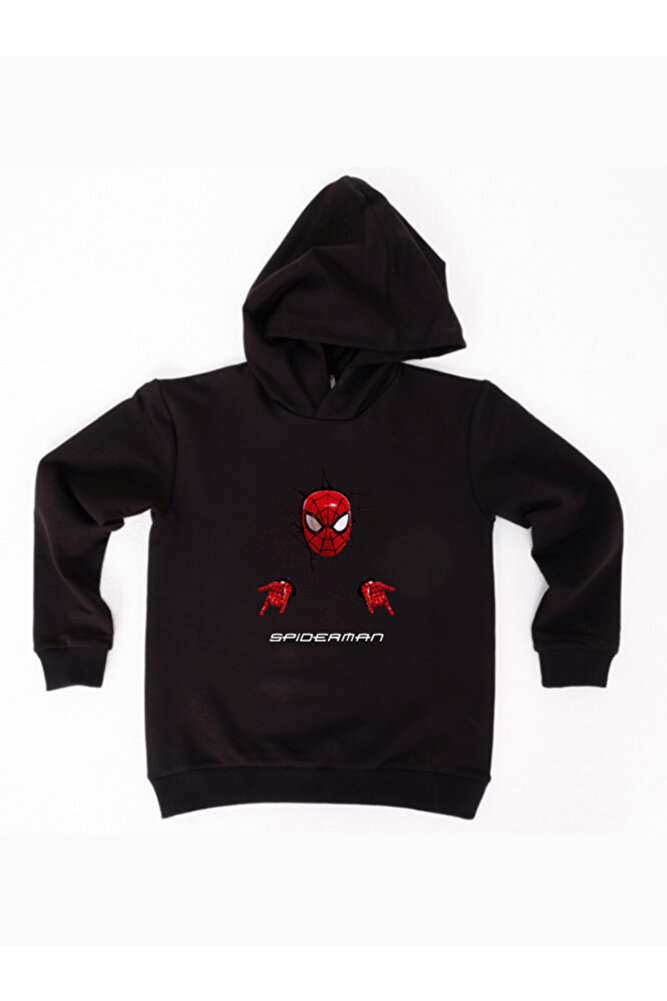 Spiderman baskılı örümcek adam kapüşonlu pamuklu kumaş çocuk sweatshirt
