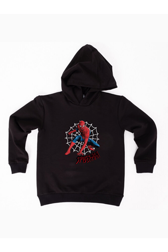 Spiderman baskılı örümcek adam kapüşonlu pamuklu kumaş çocuk sweatshirt