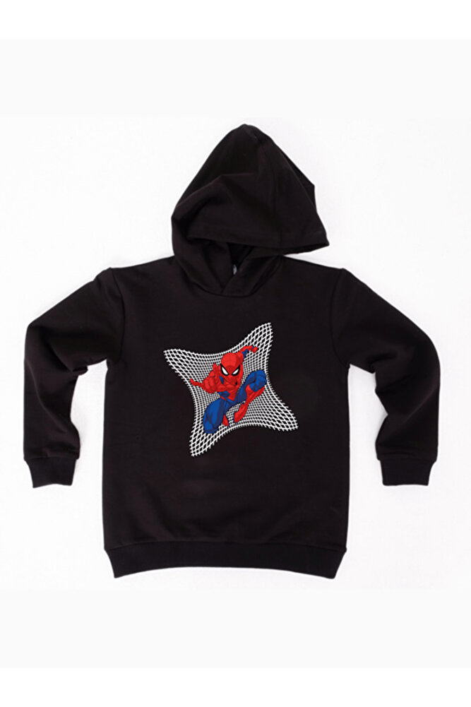 Spiderman baskılı örümcek adam kapüşonlu pamuklu kumaş çocuk sweatshirt