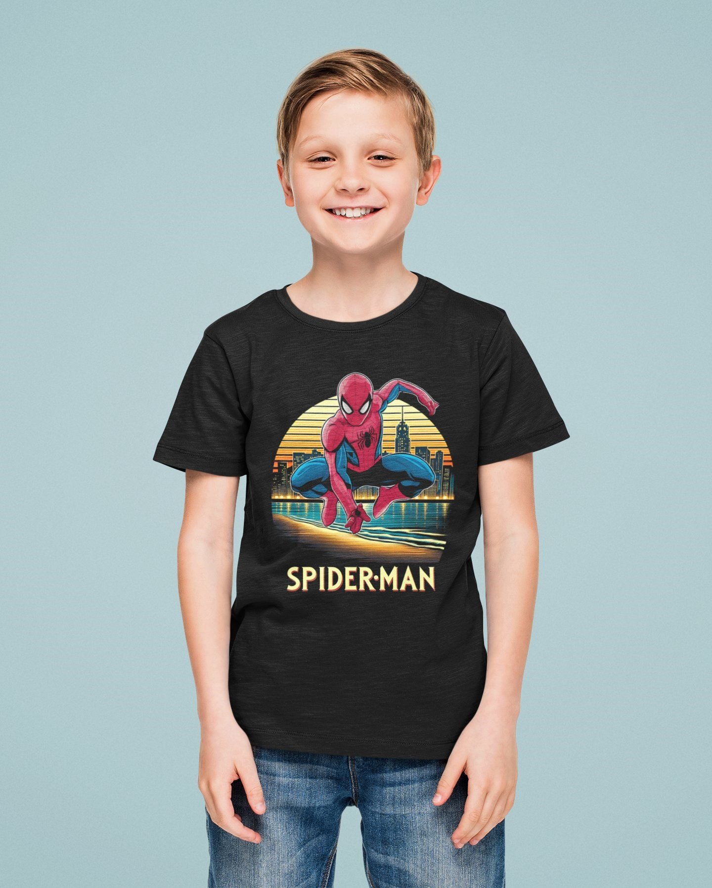 Spiderman baskılı örümcek adam pamuklu penye kumaş yazlık çocuk tişört