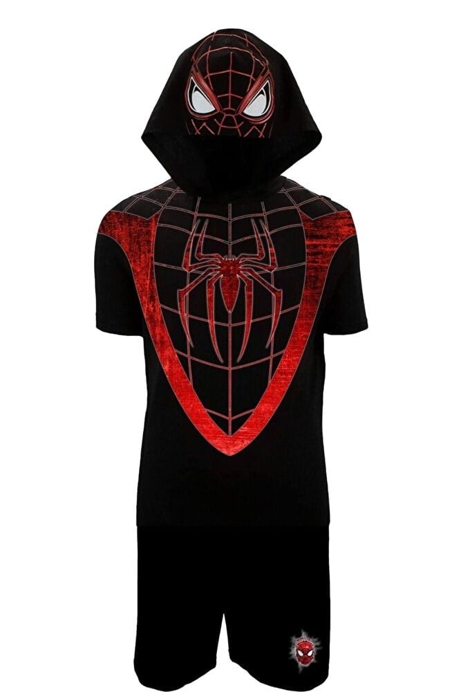Spiderman Örümcek Adam Kostüm Kısa Kollu Tshirt Kapşonlu Ve Şortlu Takım Kostüm