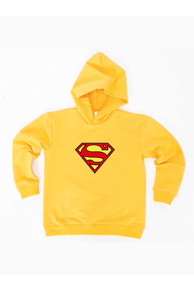 Superman baskılı kapüşonlu pamuklu kumaş çocuk sweatshirt