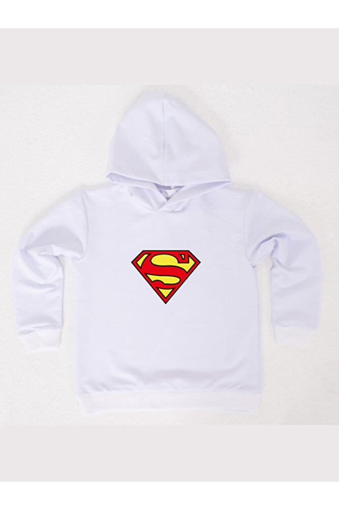 Superman baskılı kapüşonlu pamuklu kumaş çocuk sweatshirt