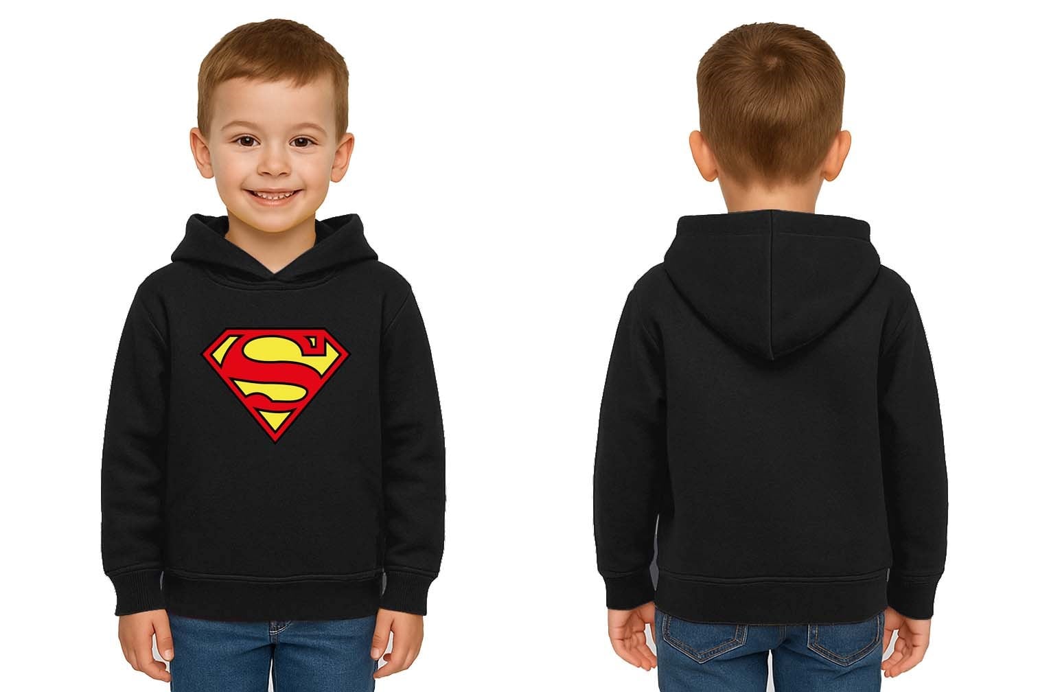 Superman baskılı kapüşonlu pamuklu kumaş çocuk sweatshirt