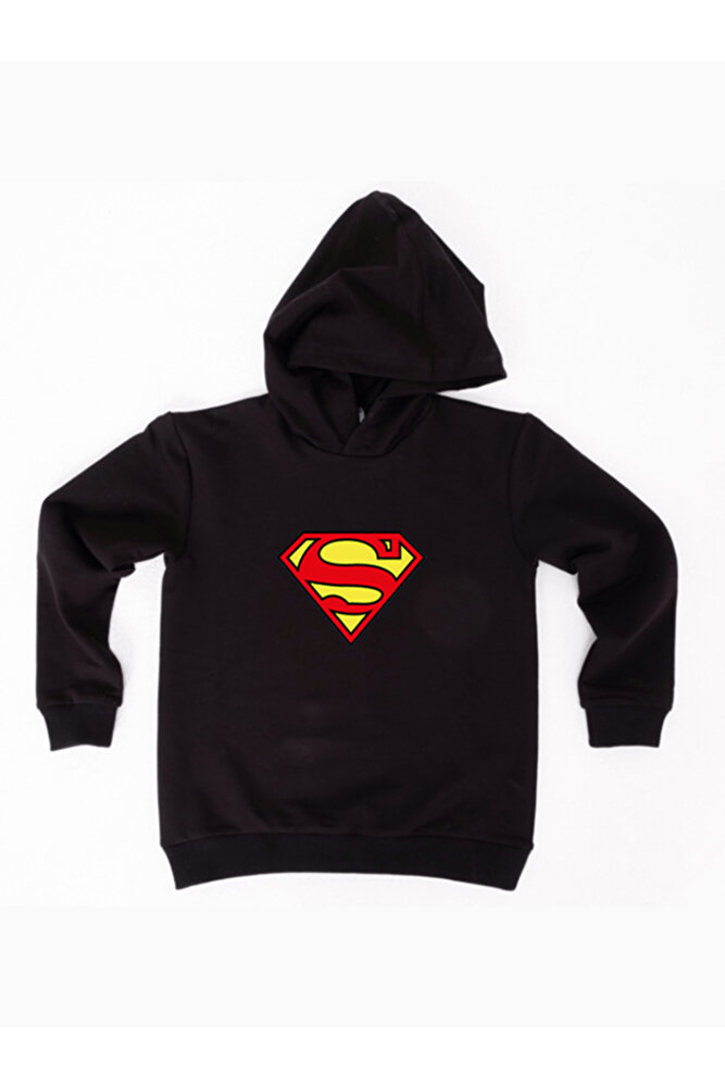 Superman baskılı kapüşonlu pamuklu kumaş çocuk sweatshirt