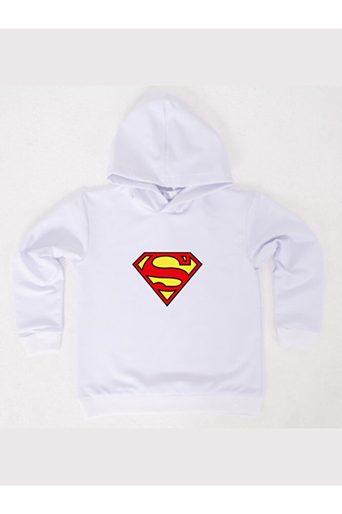 Superman baskılı kapüşonlu pamuklu kumaş çocuk sweatshirt