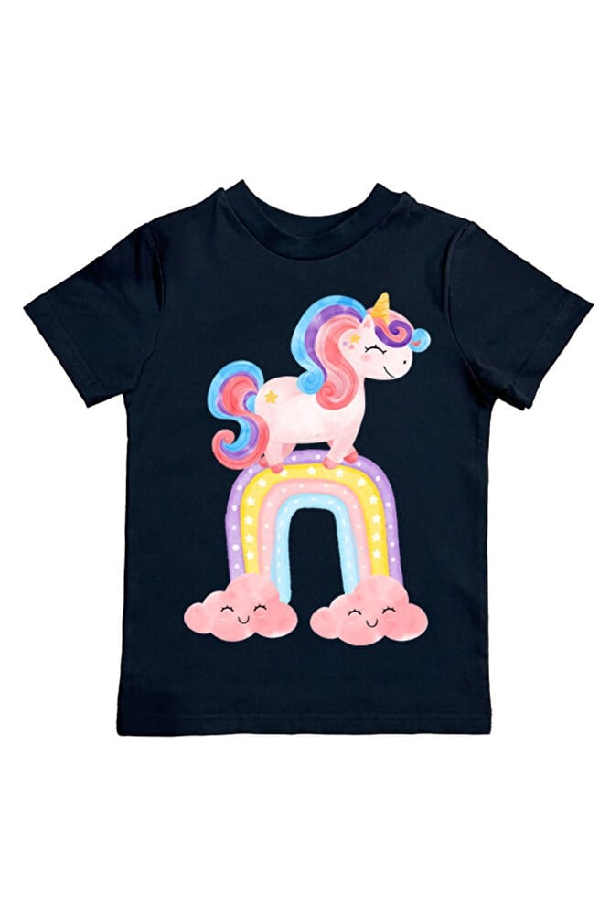 Unicorn baskılı pamuklu penye kumaş yazlık çocuk tişört