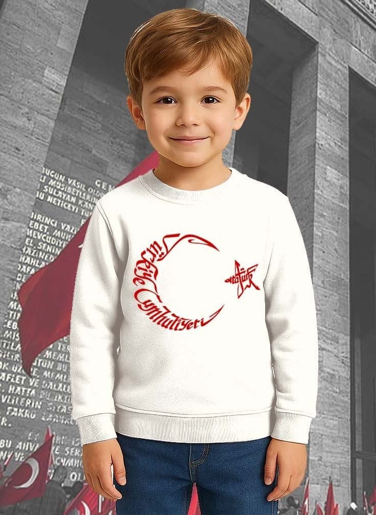 Unisex Ay Yıldızlı 19 Mayıs 29 Ekim 23 Nisan 10 Kasım Atatürk Çocuk 3 İplik Şardonlu Sweatshirt
