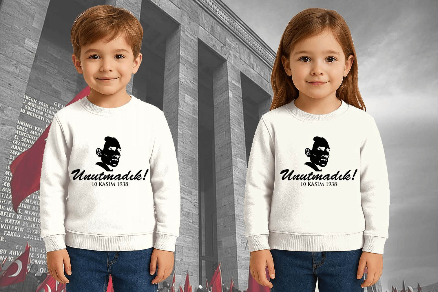 Unisex Ay Yıldızlı 19 Mayıs 29 Ekim 23 Nisan 10 Kasım Atatürk Çocuk 3 İplik Şardonlu Sweatshirt