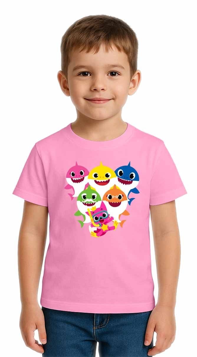 Unisex Baby Shark Baskılı Çocuk Tişört pamuklu penye kumaş