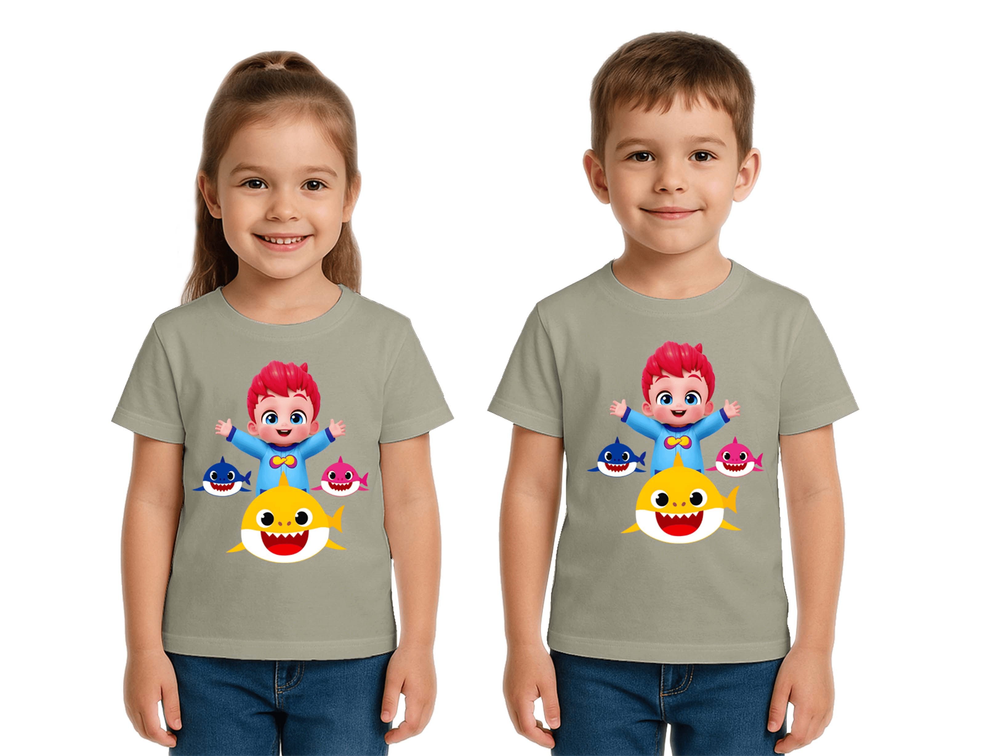 Unisex Baby Shark  Baskılı Çocuk Tişört pamuklu penye kumaş