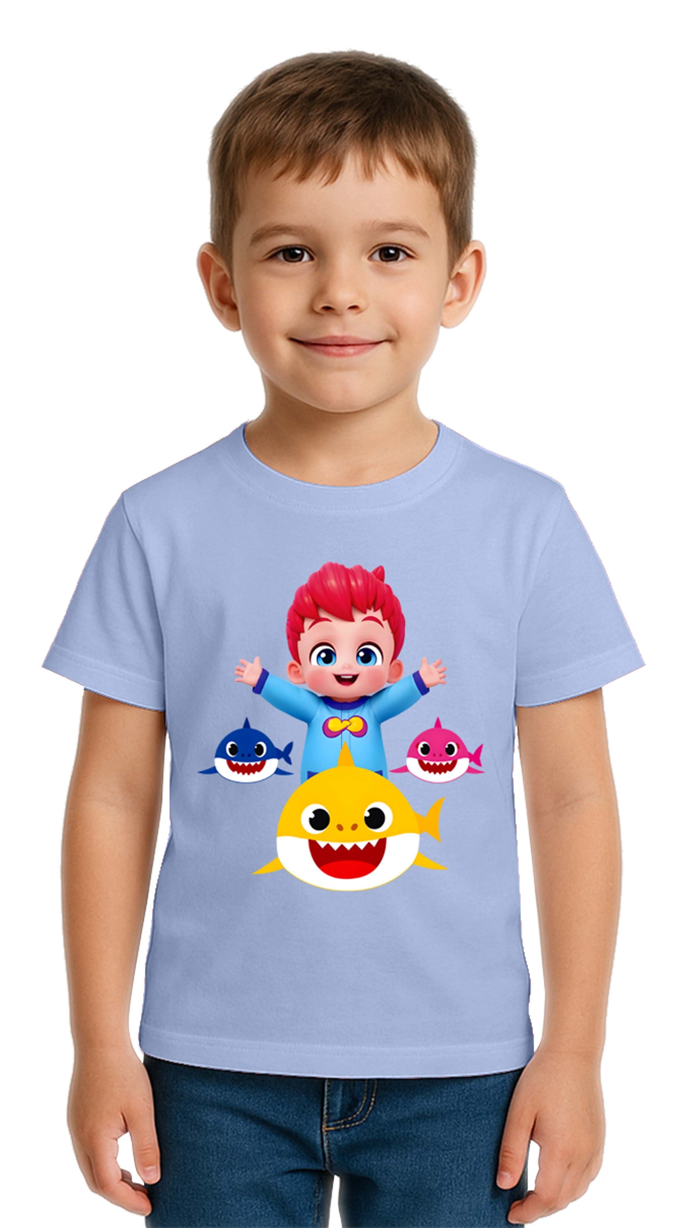 Unisex Baby Shark  Baskılı Çocuk Tişört pamuklu penye kumaş