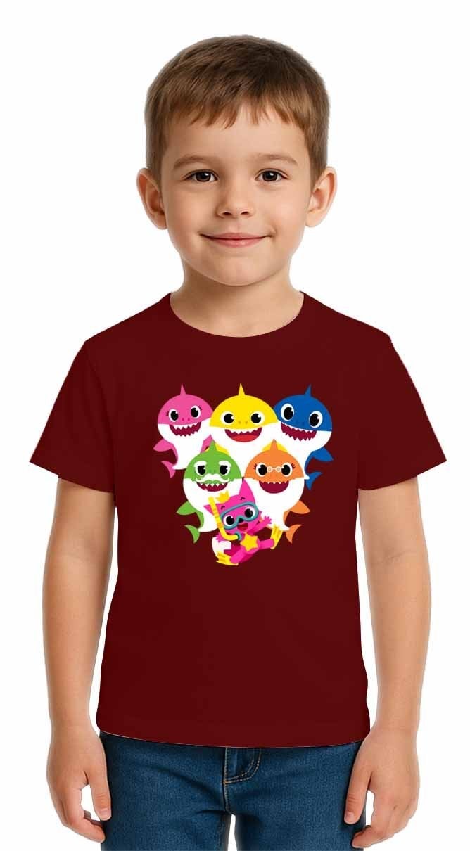Unisex Baby Shark Baskılı Çocuk Tişört pamuklu penye kumaş
