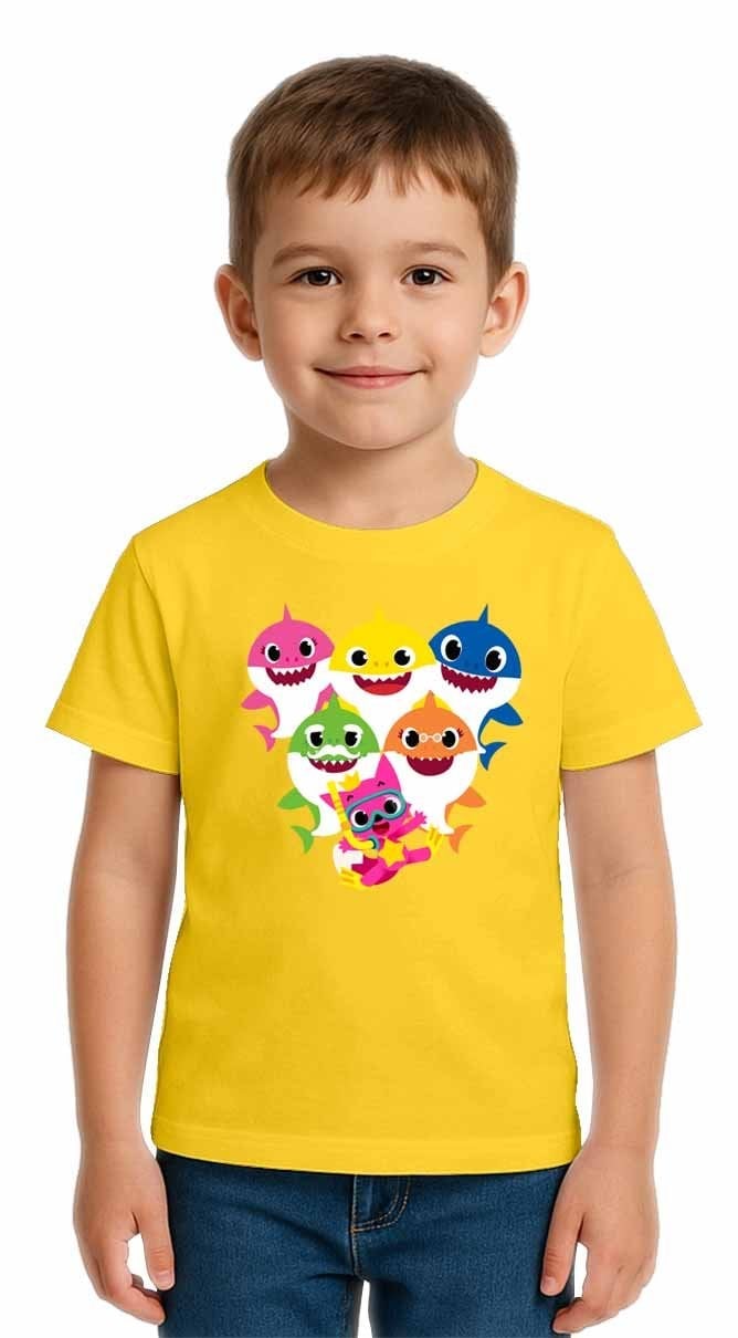 Unisex Baby Shark Baskılı Çocuk Tişört pamuklu penye kumaş