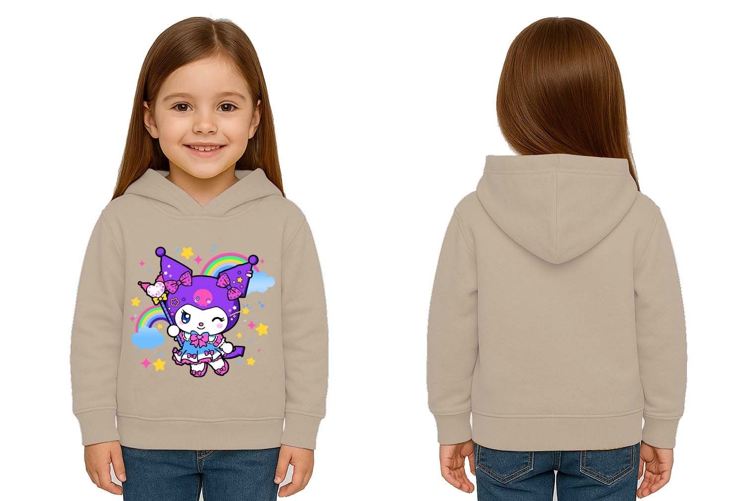 Unisex Baskılı Çocuk Swaetshirt Kapüşonlu 3 İplik Şardonlu Kuromi baskılı