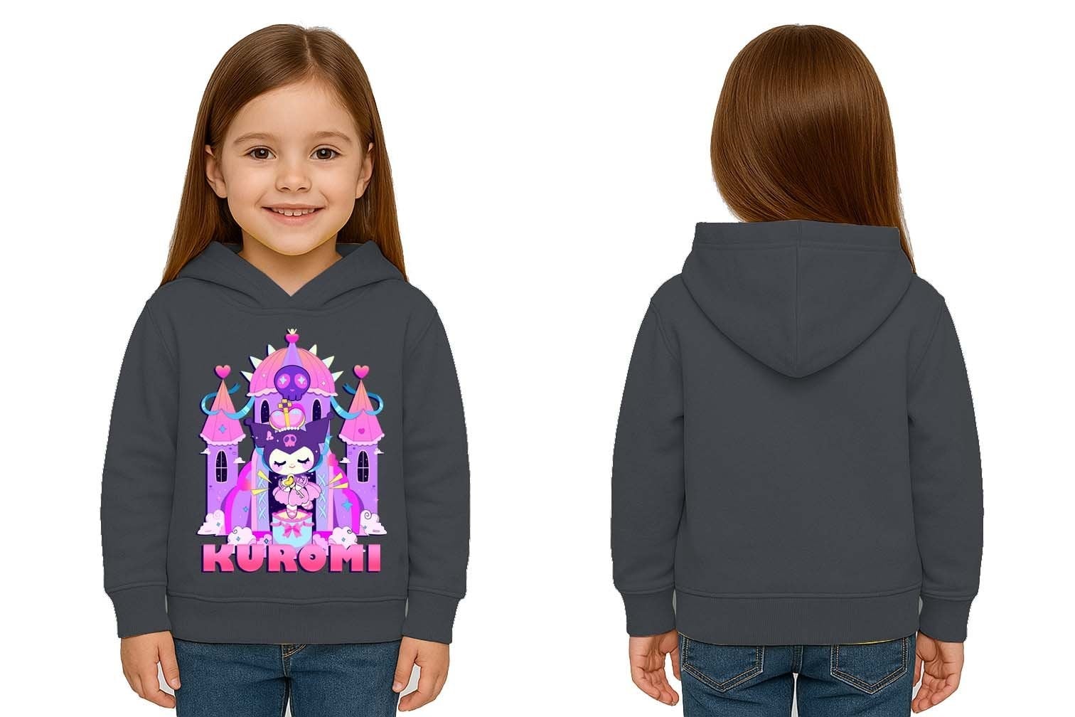 Unisex Baskılı Çocuk Swaetshirt Kapüşonlu 3 İplik Şardonlu Kuromi baskılı