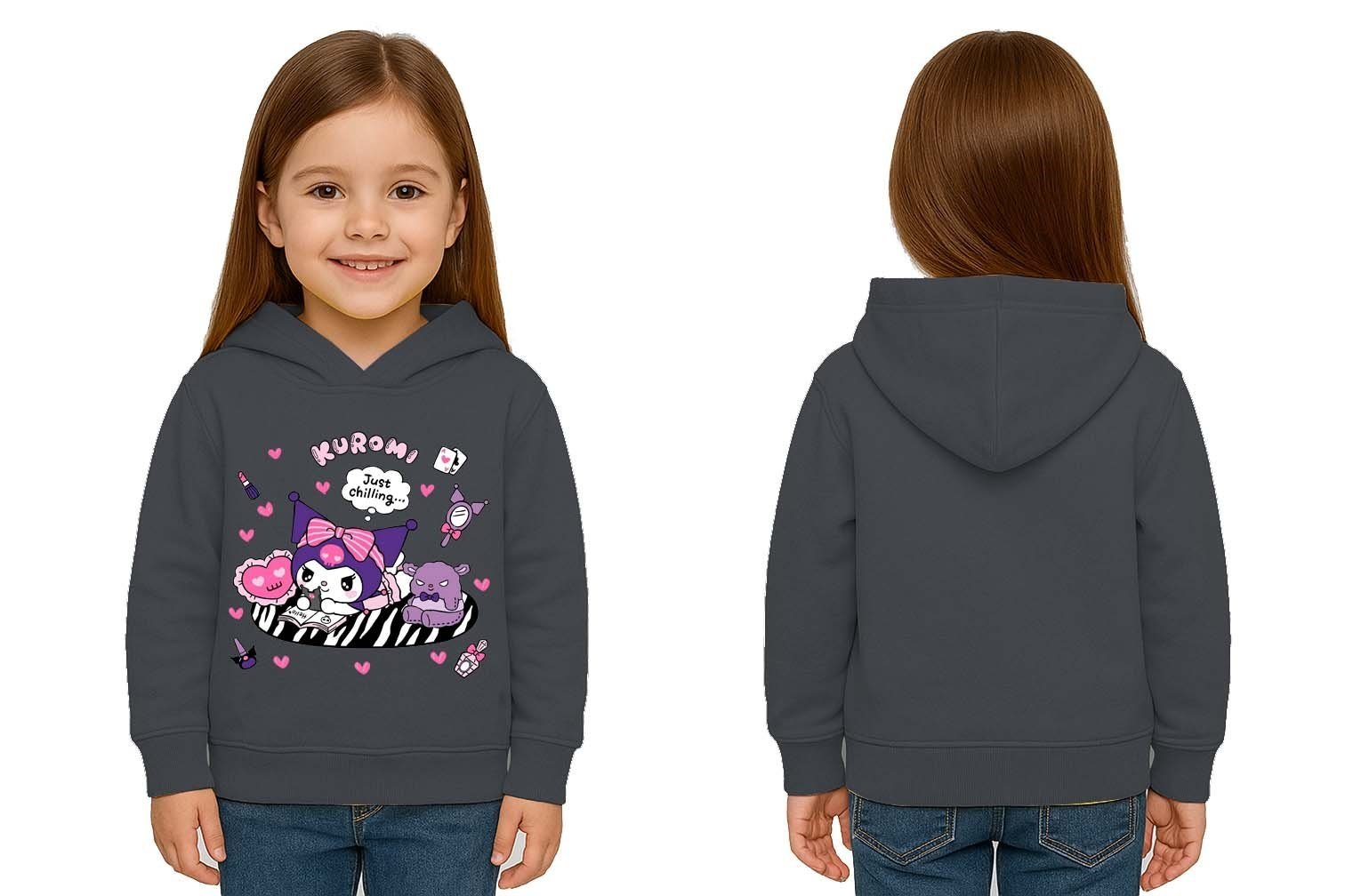 Unisex Baskılı Çocuk Swaetshirt Kapüşonlu 3 İplik Şardonlu Kuromi baskılı