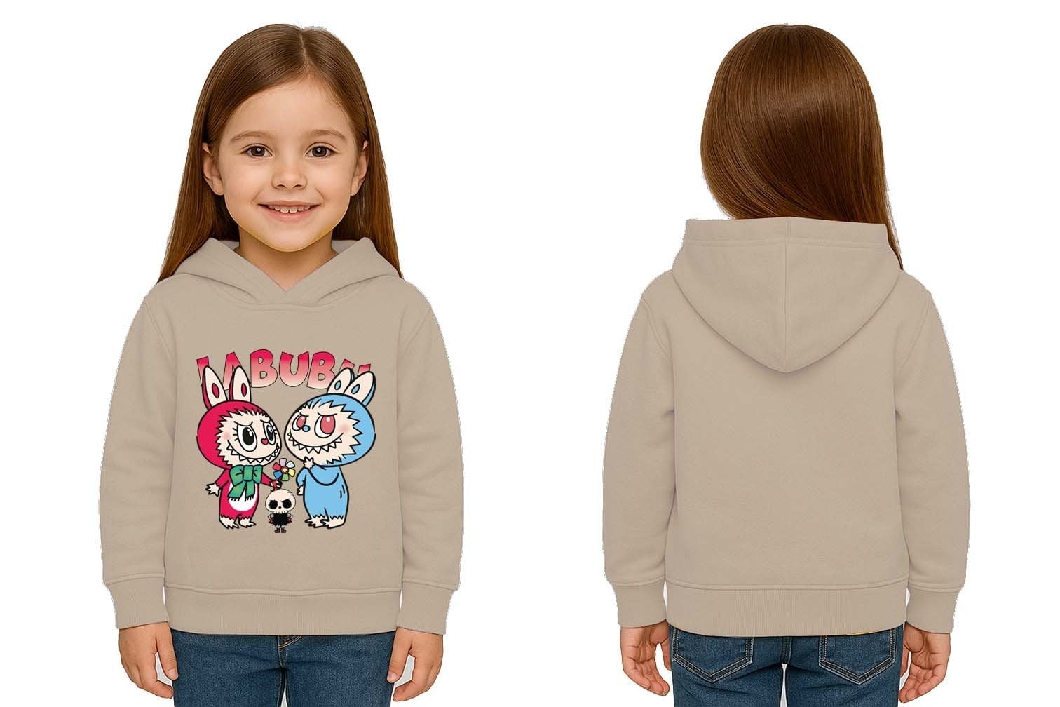 Unisex Baskılı Çocuk Swaetshirt Kapüşonlu 3 İplik Şardonlu Labubu