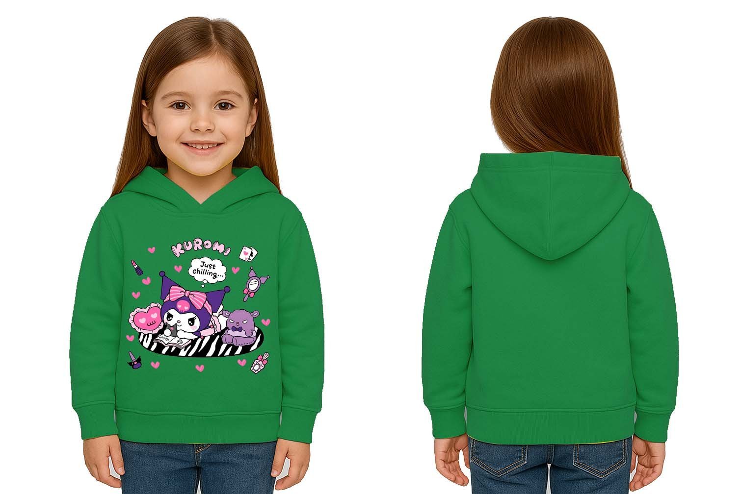 Unisex Baskılı Çocuk Swaetshirt Kapüşonlu 3 İplik Şardonlu Kuromi baskılı