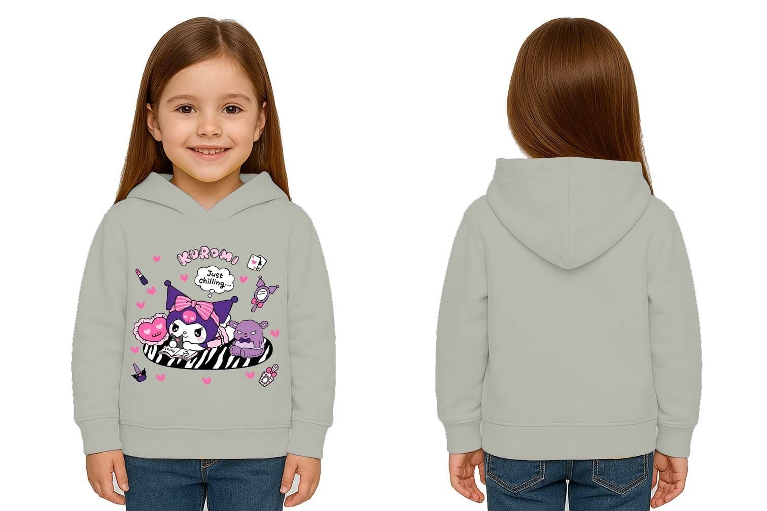 Unisex Baskılı Çocuk Swaetshirt Kapüşonlu 3 İplik Şardonlu Kuromi baskılı