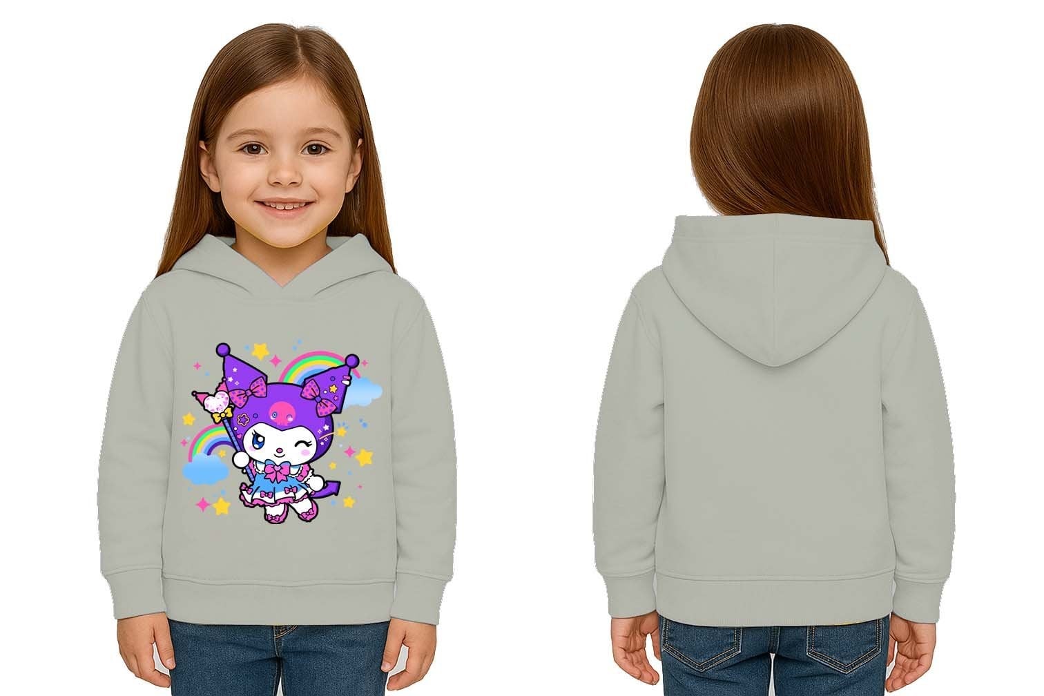 Unisex Baskılı Çocuk Swaetshirt Kapüşonlu 3 İplik Şardonlu Kuromi baskılı