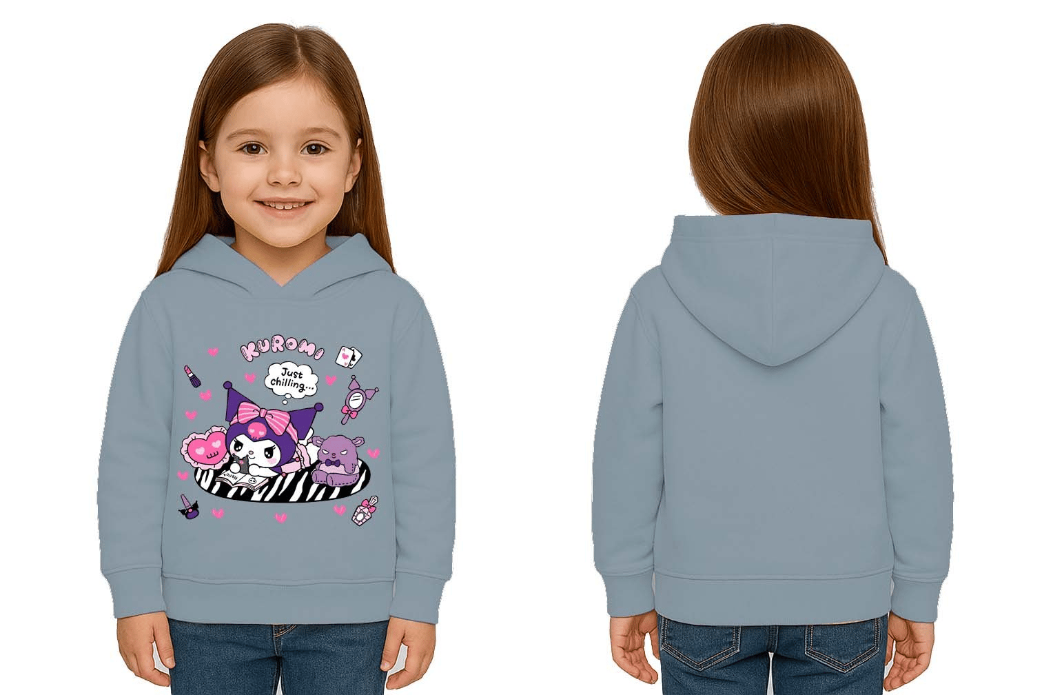 Unisex Baskılı Çocuk Swaetshirt Kapüşonlu 3 İplik Şardonlu Kuromi baskılı