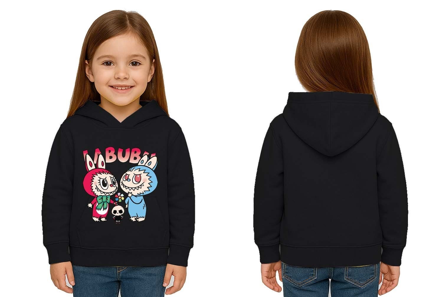 Unisex Baskılı Çocuk Swaetshirt Kapüşonlu 3 İplik Şardonlu Labubu