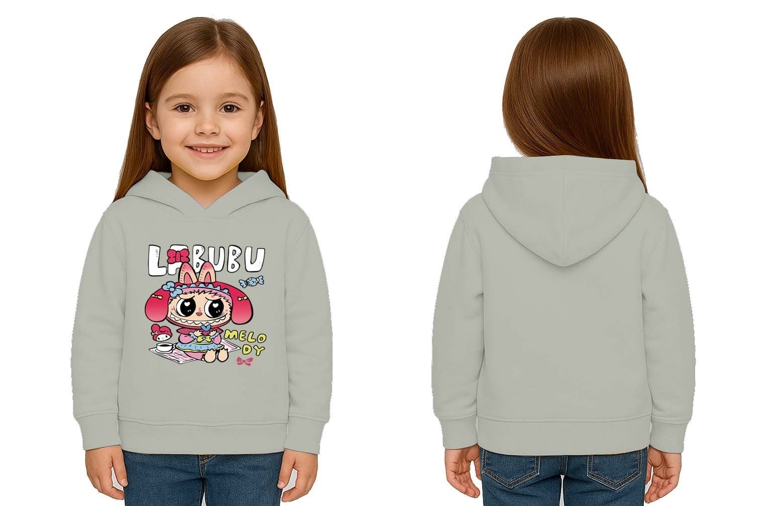 Unisex Baskılı Çocuk Swaetshirt Labubu Baskılı Kapüşonlu 3 İplik Şardonlu