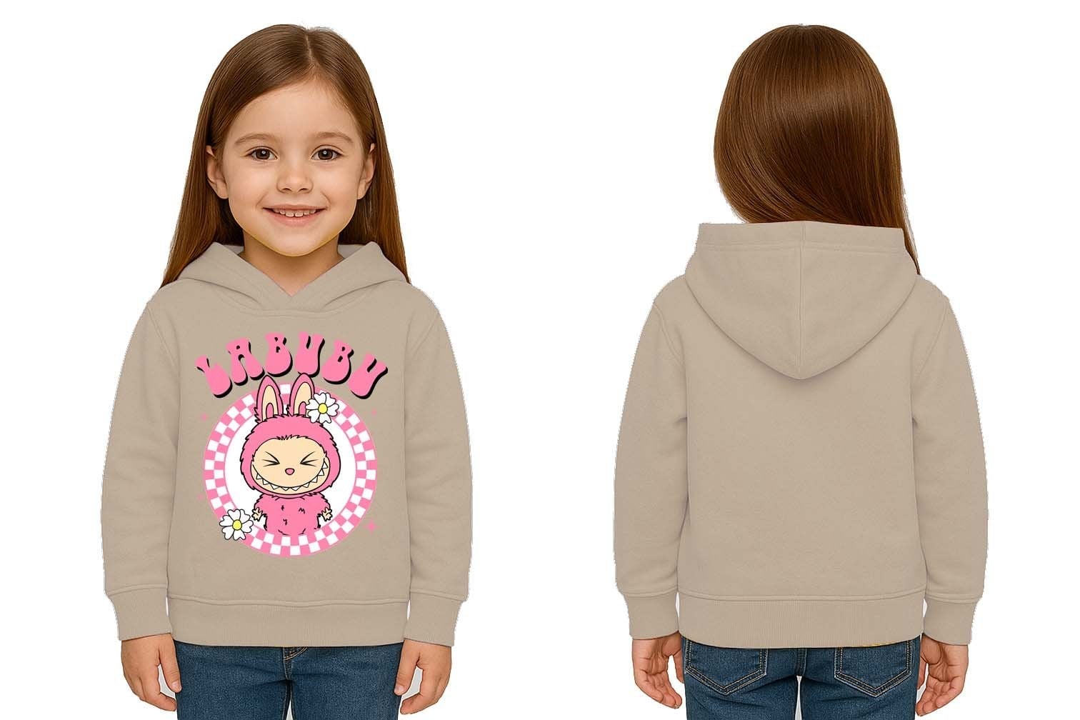 Unisex Baskılı Çocuk Swaetshirt Labubu Baskılı Kapüşonlu 3 İplik Şardonlu