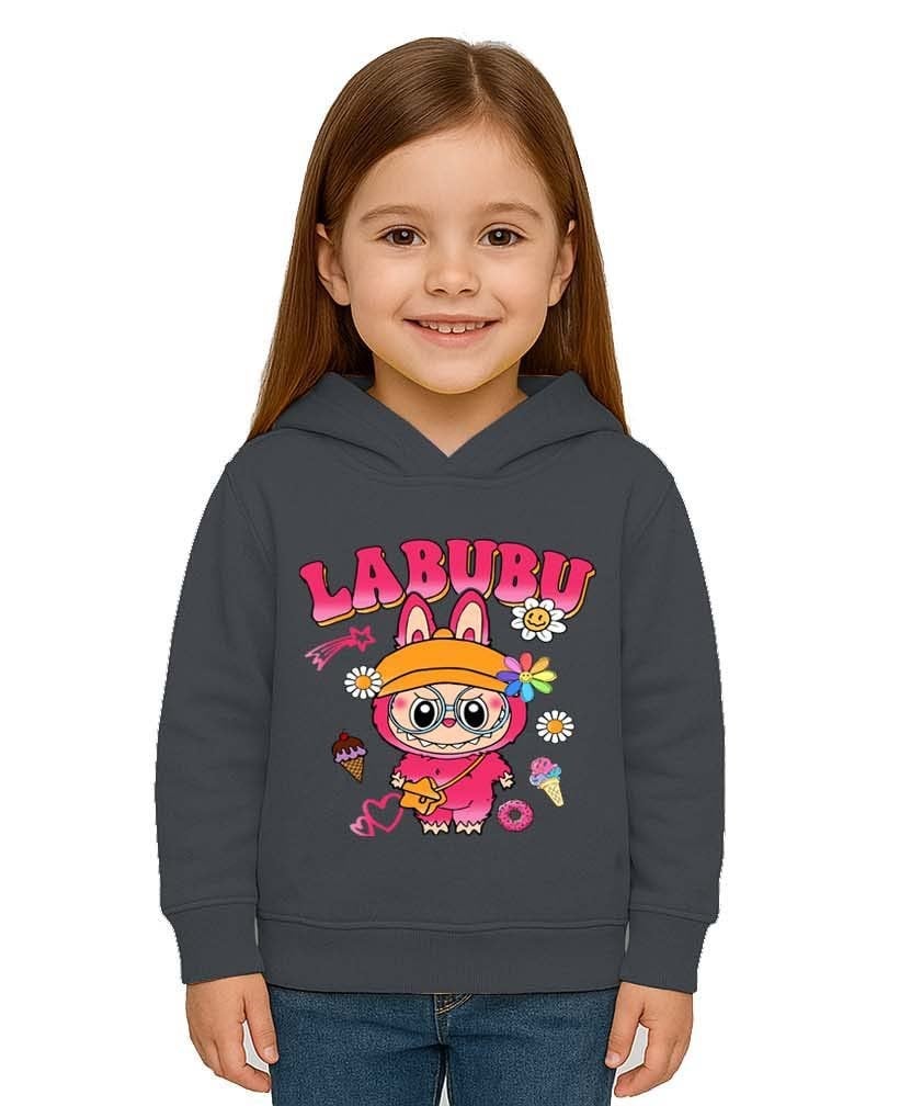 Unisex Baskılı Çocuk Swaetshirt Labubu Baskılı Kapüşonlu 3 İplik Şardonlu