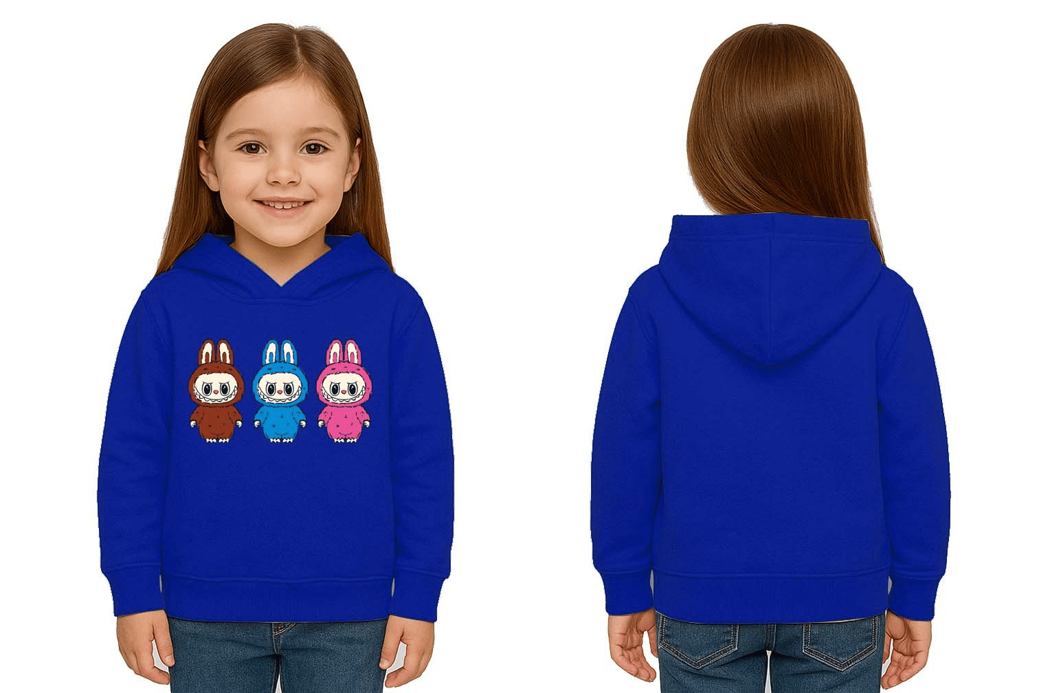 Unisex Baskılı Çocuk Swaetshirt Labubu Baskılı Kapüşonlu 3 İplik Şardonlu