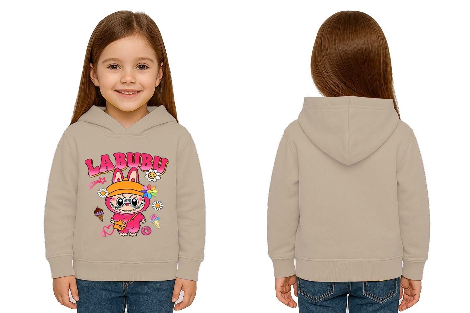 Unisex Baskılı Çocuk Swaetshirt Labubu Baskılı Kapüşonlu 3 İplik Şardonlu
