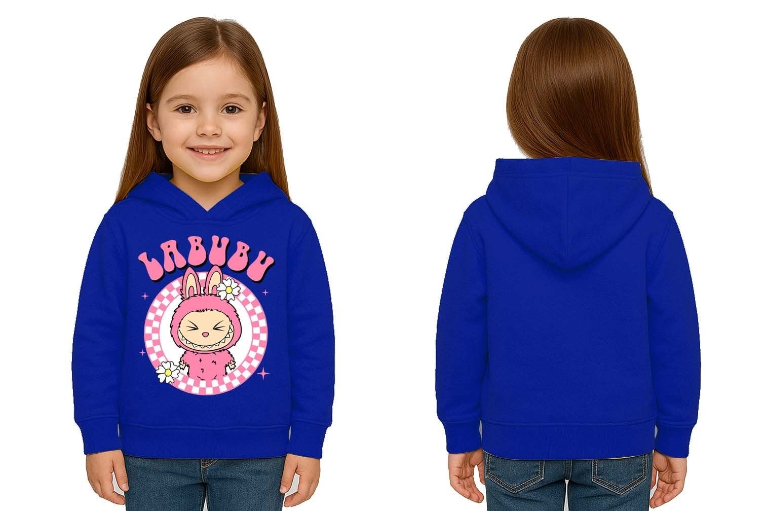 Unisex Baskılı Çocuk Swaetshirt Labubu Baskılı Kapüşonlu 3 İplik Şardonlu
