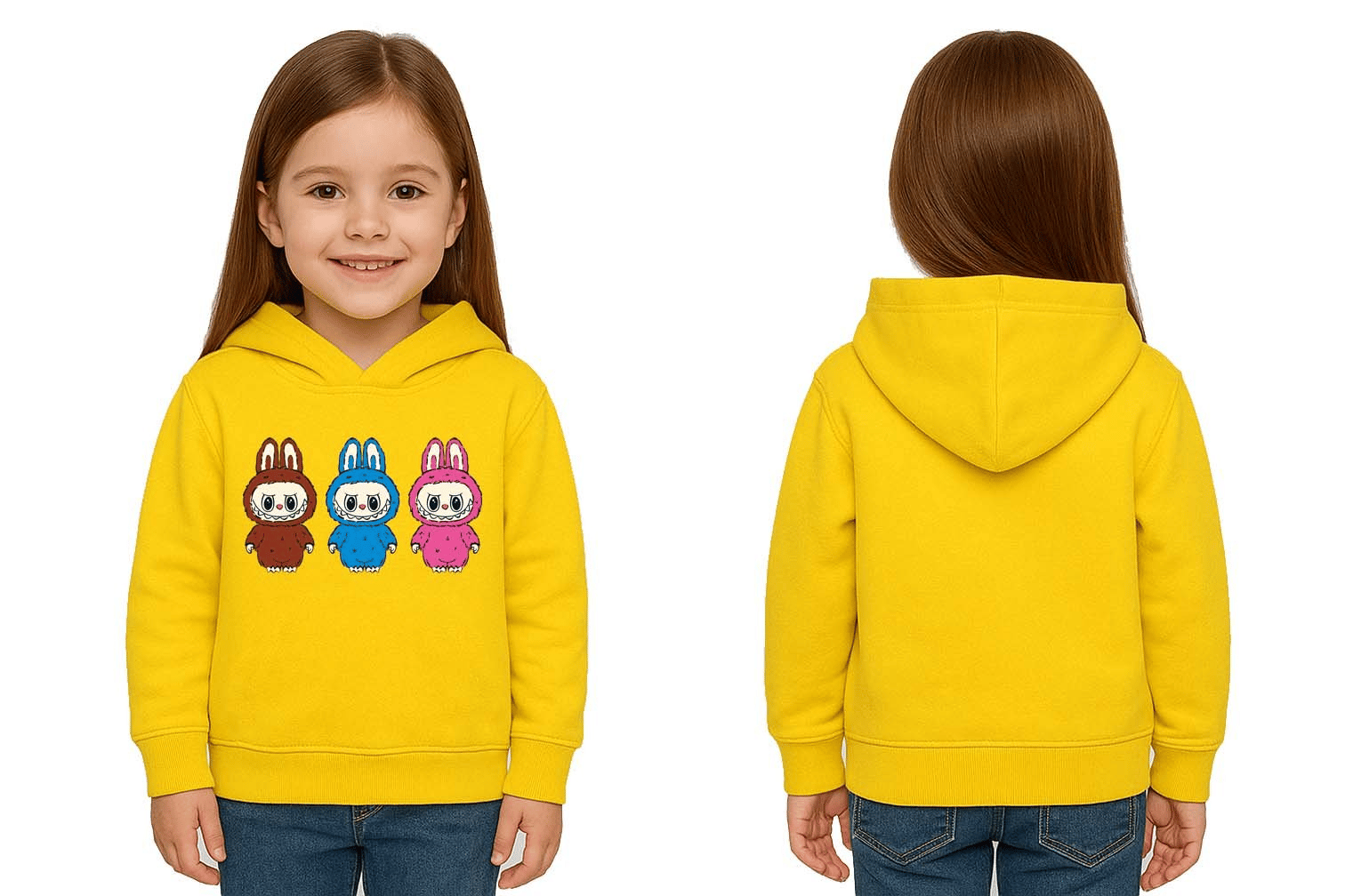 Unisex Baskılı Çocuk Swaetshirt Labubu Baskılı Kapüşonlu 3 İplik Şardonlu