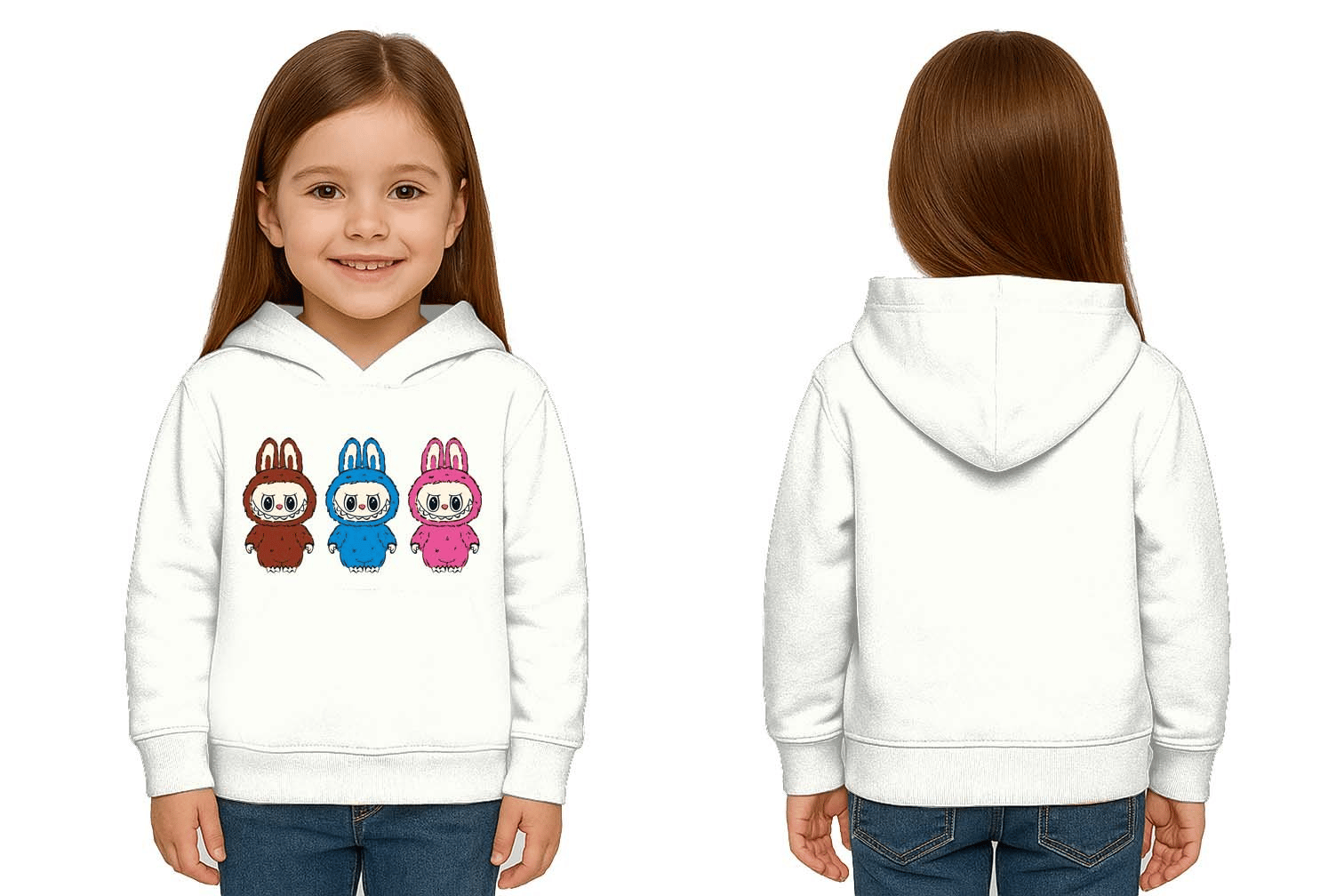 Unisex Baskılı Çocuk Swaetshirt Labubu Baskılı Kapüşonlu 3 İplik Şardonlu