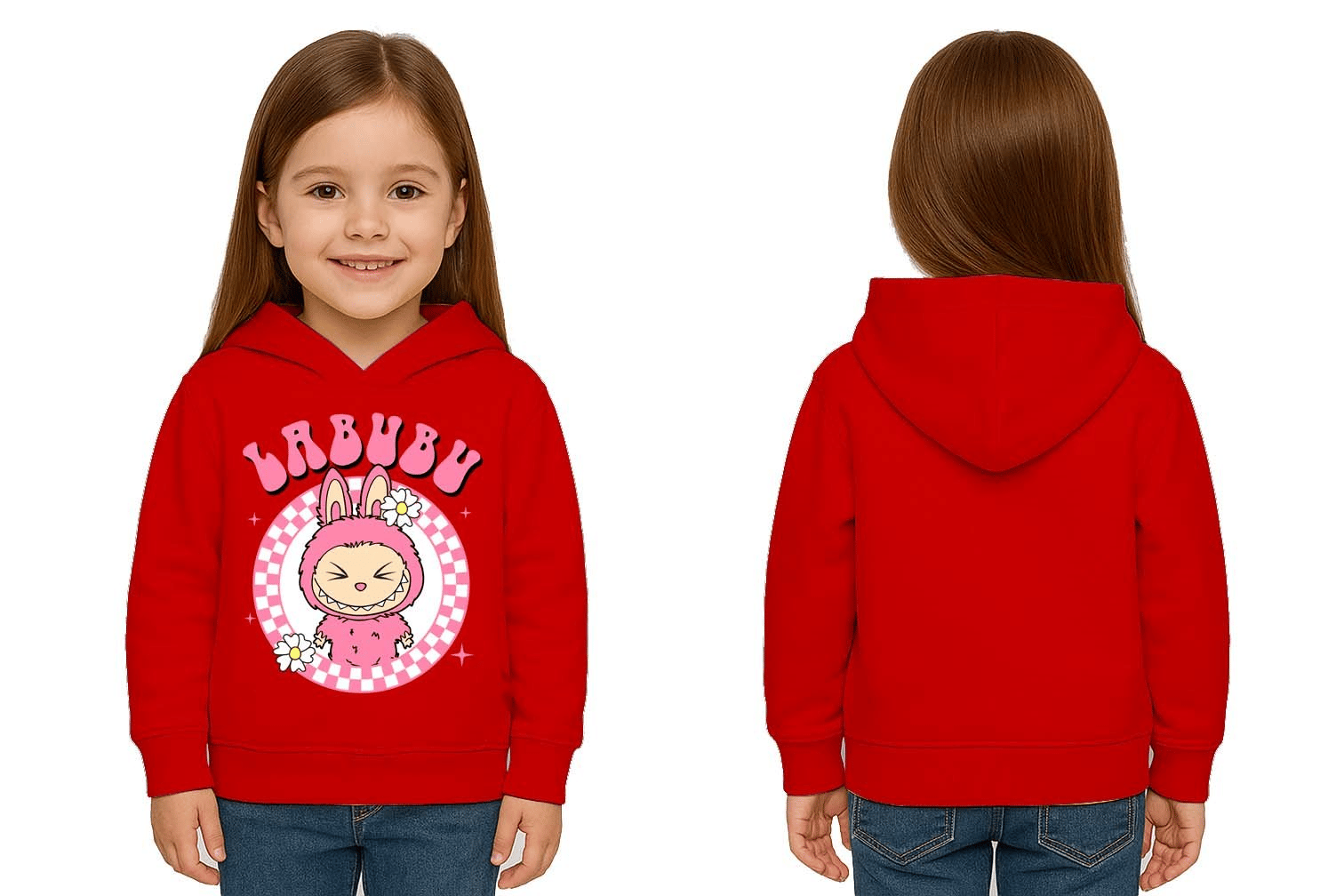 Unisex Baskılı Çocuk Swaetshirt Labubu Baskılı Kapüşonlu 3 İplik Şardonlu