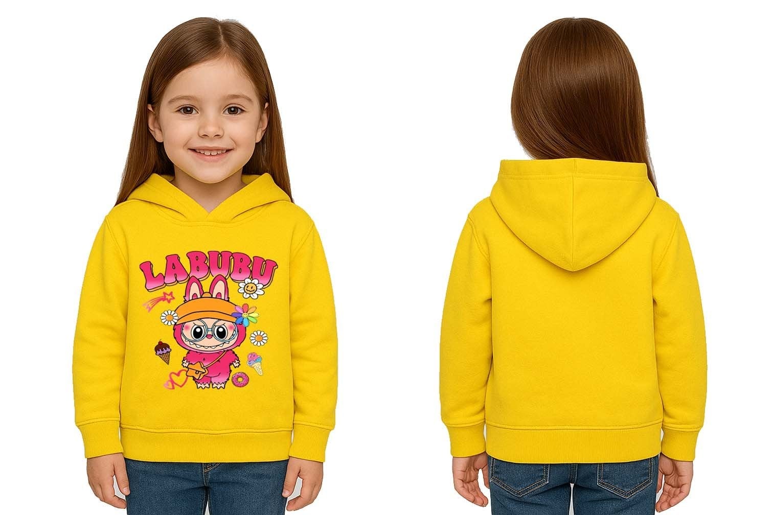 Unisex Baskılı Çocuk Swaetshirt Labubu Baskılı Kapüşonlu 3 İplik Şardonlu