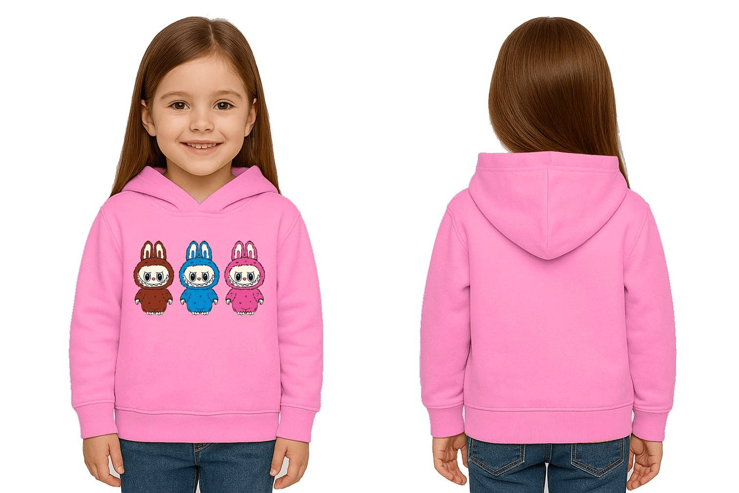 Unisex Baskılı Çocuk Swaetshirt Labubu Baskılı Kapüşonlu 3 İplik Şardonlu