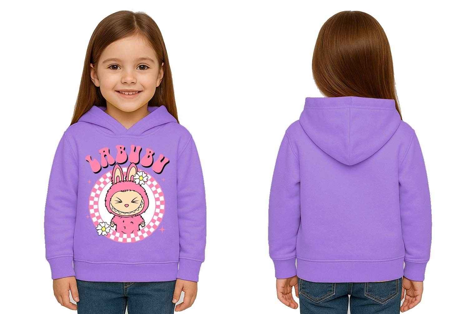 Unisex Baskılı Çocuk Swaetshirt Labubu Baskılı Kapüşonlu 3 İplik Şardonlu